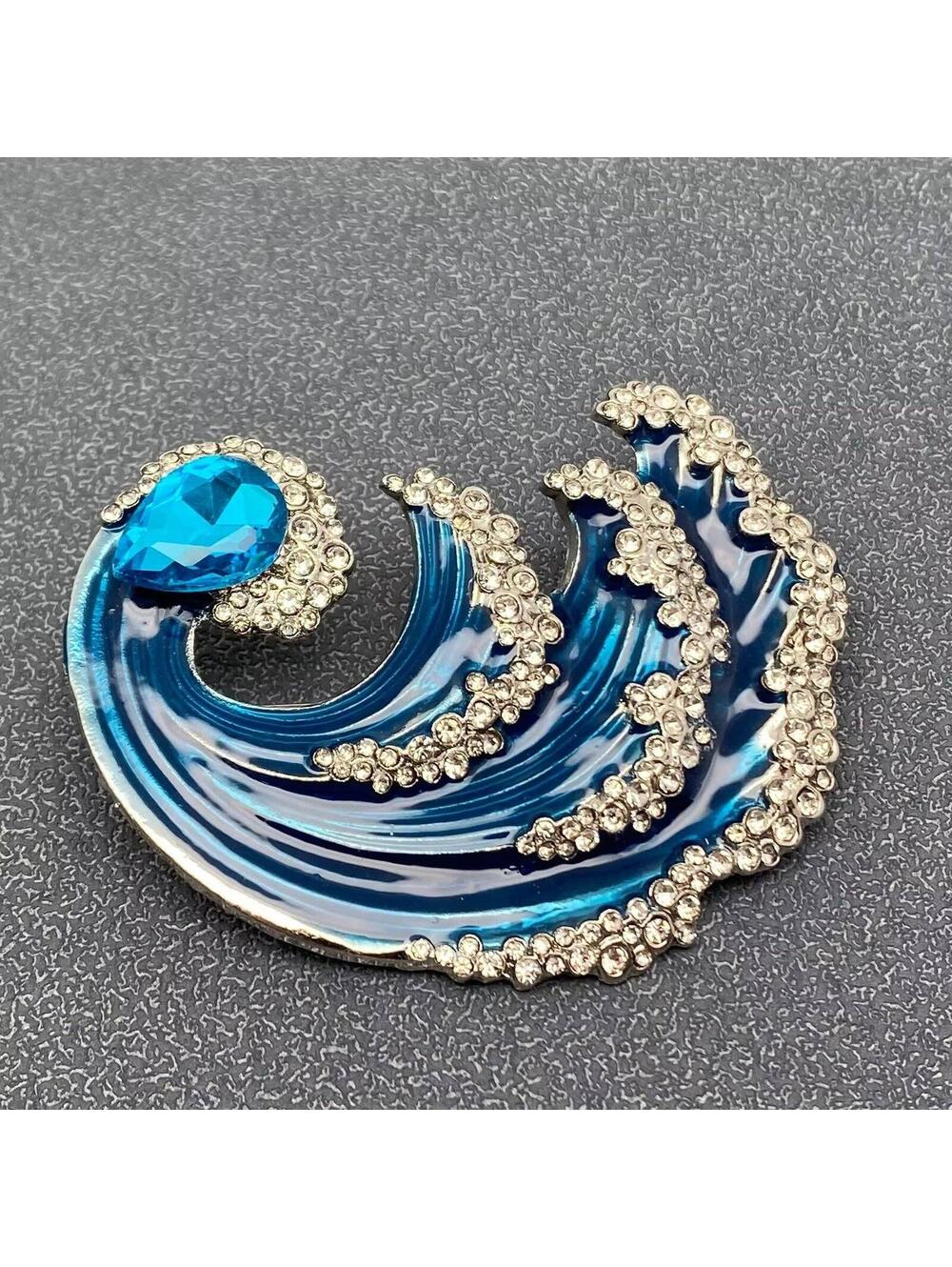 Blue Wave Rhinestone Brooch Pin